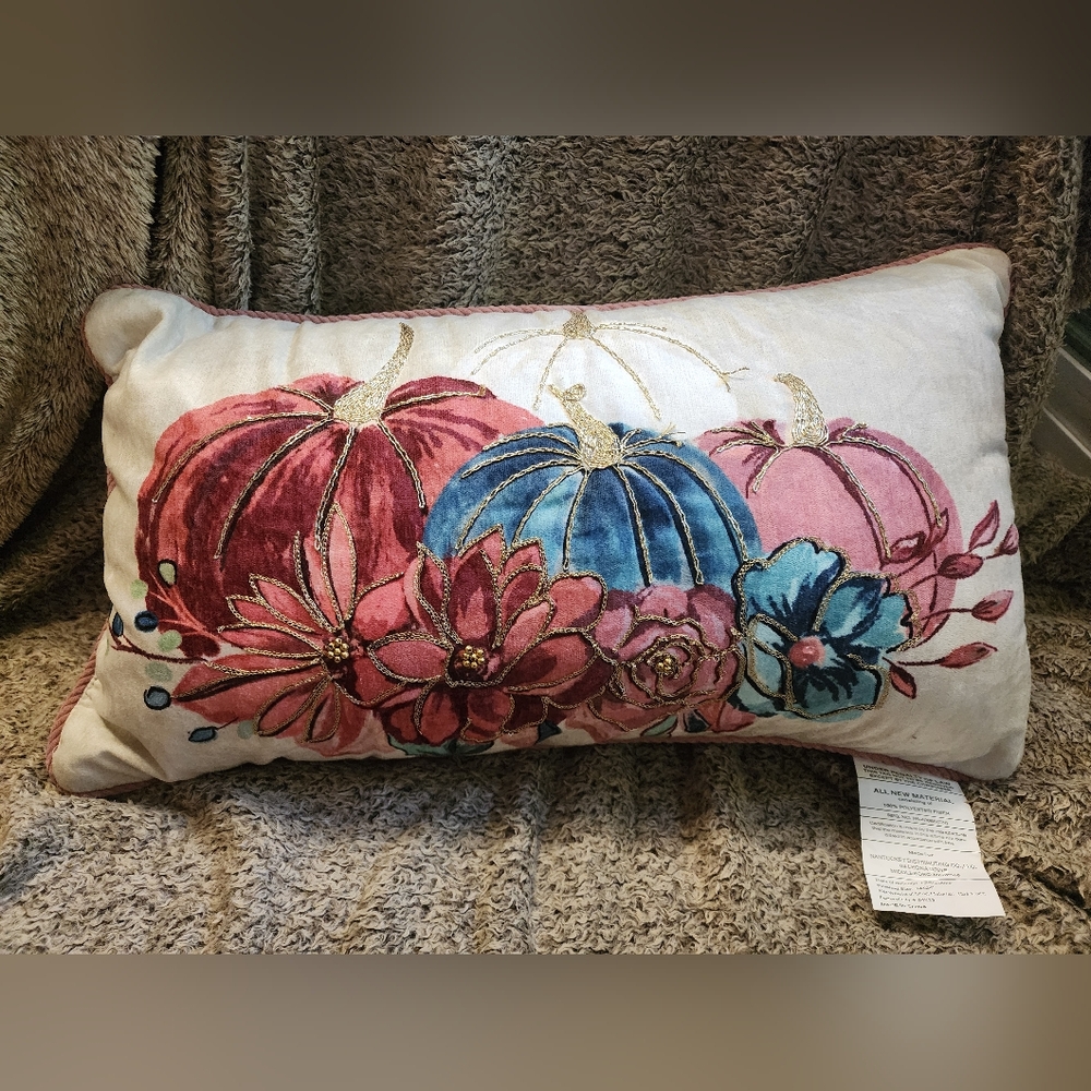 Pink, Blue, and White Pumpkin Floral Pillow, Fall Decor, Rectangular Pillow